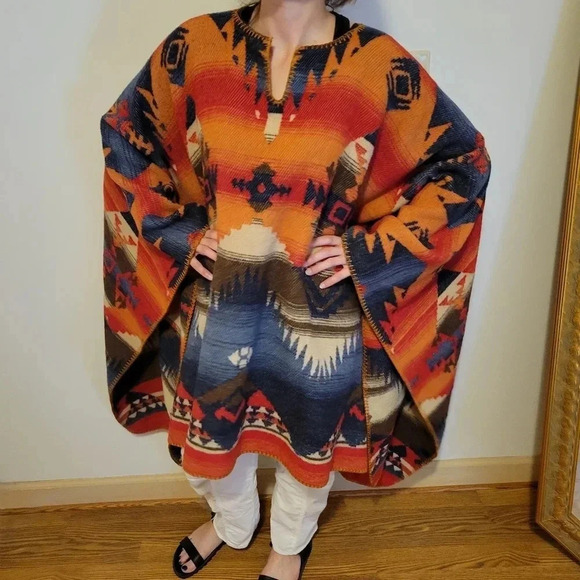 Rhonda Stark Hopi Poncho Wool Blend Native American Blue Orange Red Blanket Wrap - Picture 1 of 7